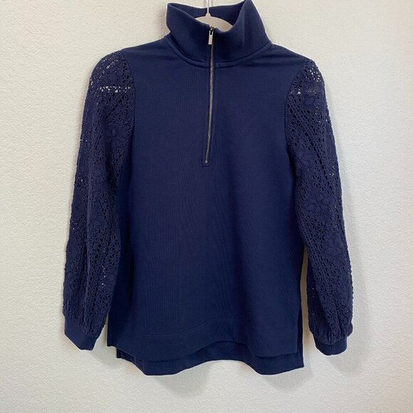 Soft Surroundings Crochet Sleeve Mock Neck French Terry Tunic - Picture 2 of 8